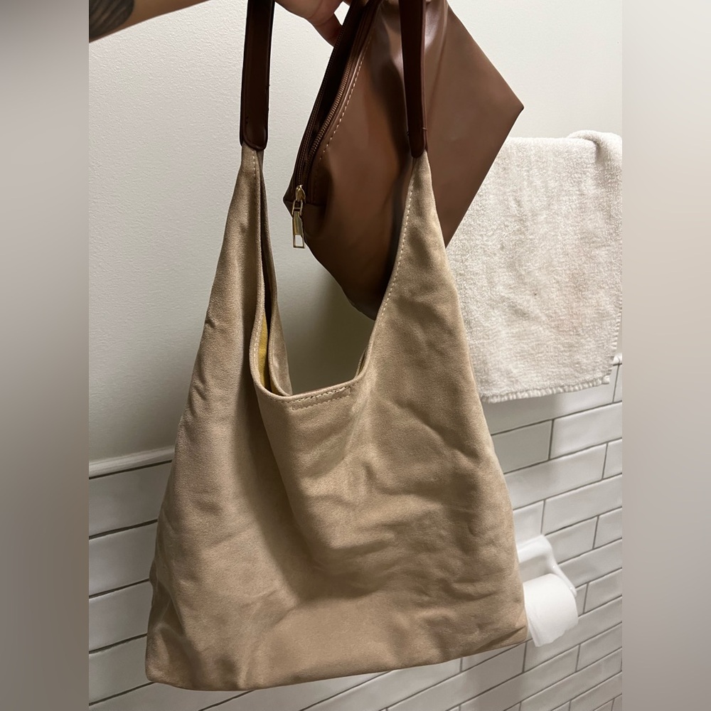 Suede khaki hobo tote